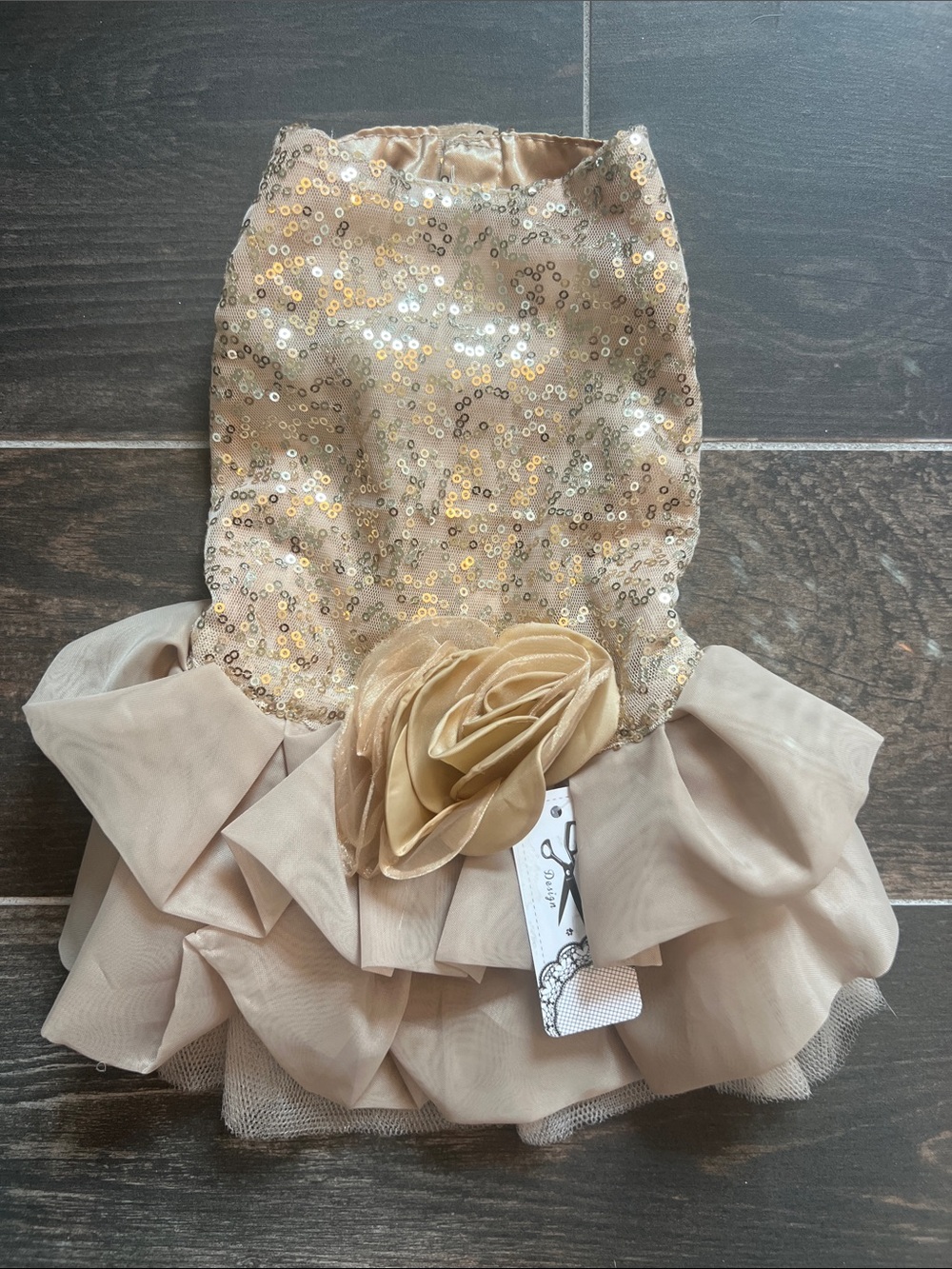 Sequin & Ruffle Gold Dog Dress with Floral Accent